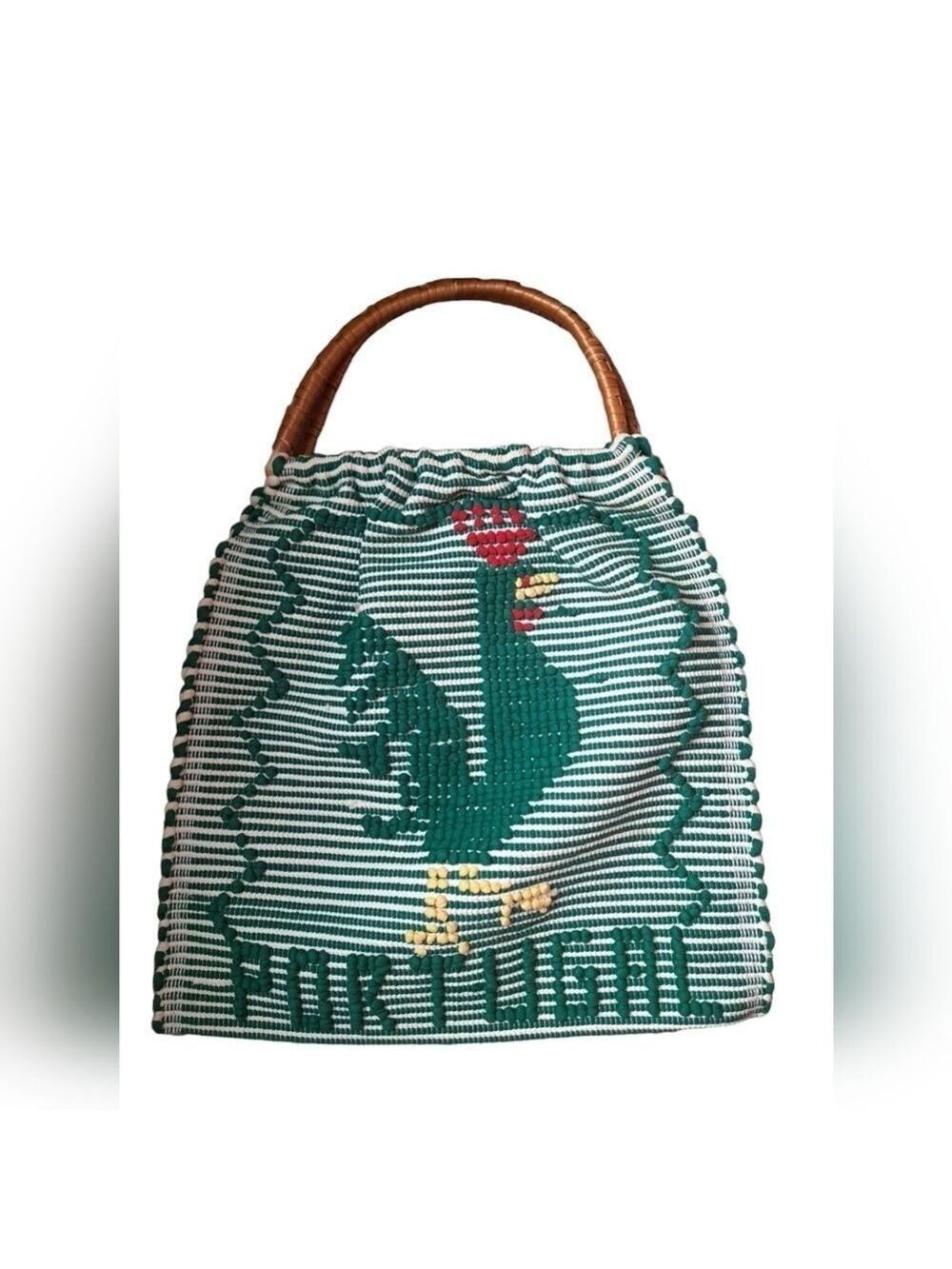 PORTUGAL knit woven EMBROIDERD ROOSTER bag  wrapped wood handles knitting CRAFTS